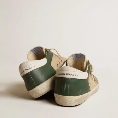 Golden Goose Super-Star Sneaker In Cream Mesh And Green Nappa With Nappa Star Golden Goose Super-Star Sneaker In Cream Mesh And Green Nappa With Nappa Star