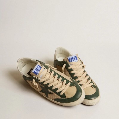 Golden Goose Super-Star Sneaker In Cream Mesh And Green Nappa With Nappa Star Golden Goose Super-Star Sneaker In Cream Mesh And Green Nappa With Nappa Star