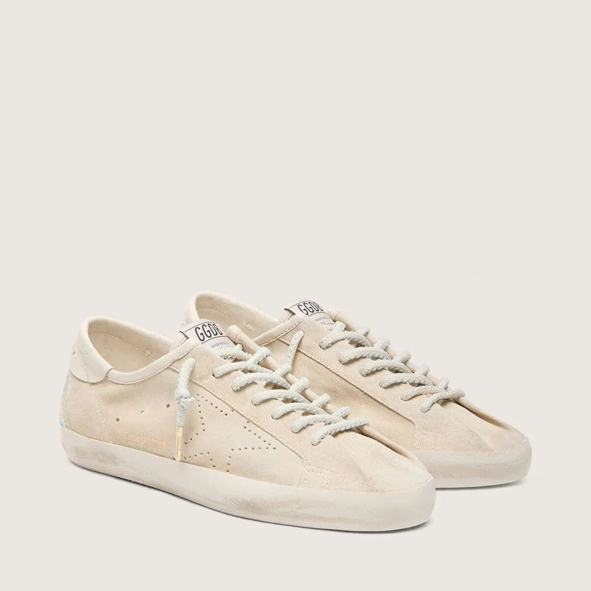 Golden Goose Super-Star Sneaker In Cream Suede With Perforated Star And Bead Insert Golden Goose Super-Star Sneaker In Cream Suede With Perforated Star And Bead Insert
