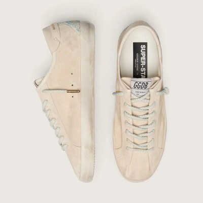 Golden Goose Super-Star Sneaker In Cream Suede With Perforated Star And Bead Insert Golden Goose Super-Star Sneaker In Cream Suede With Perforated Star And Bead Insert