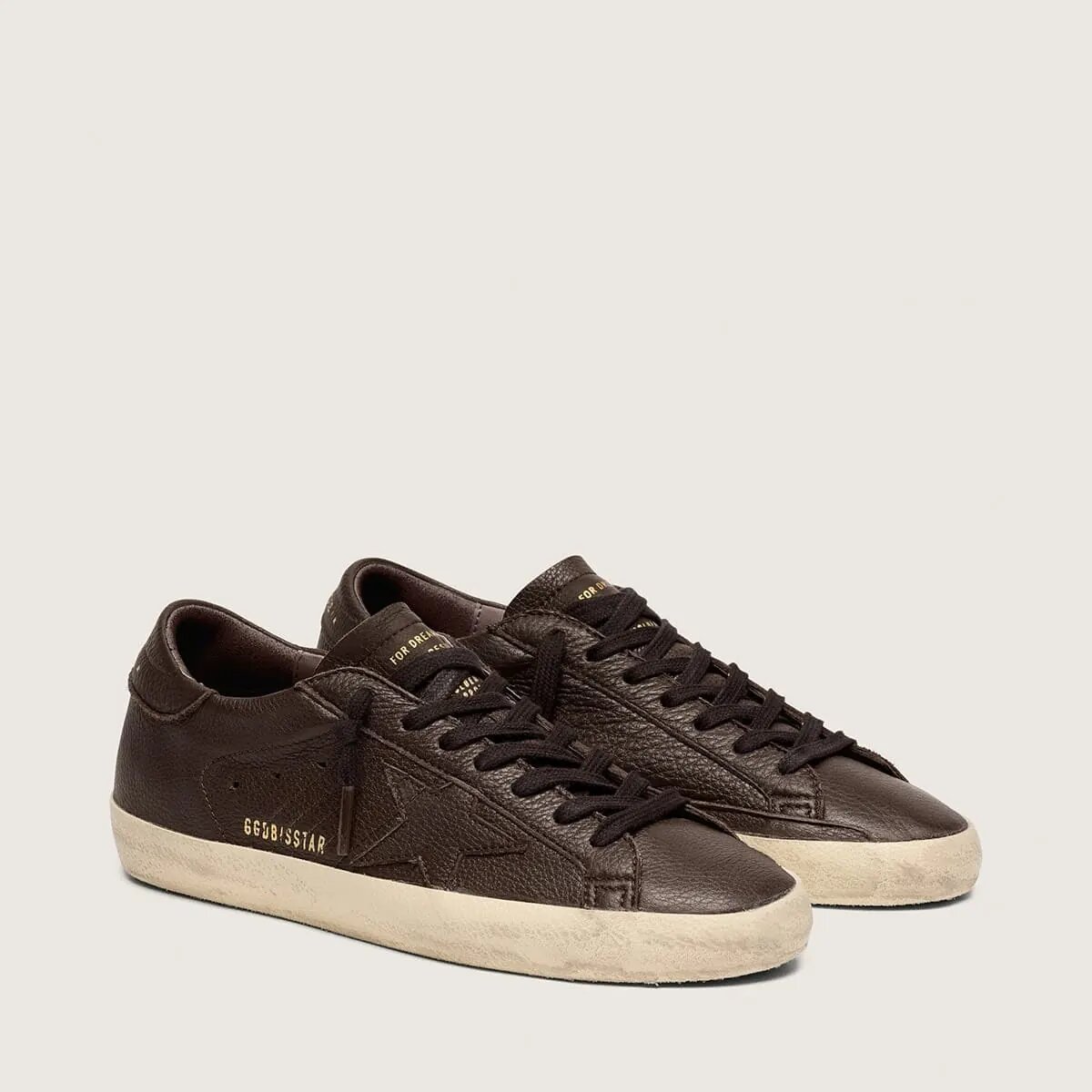 Golden Goose Super-Star Sneaker In Dark Brown Leather With Tone-On-Tone Leather Star Golden Goose Super-Star Sneaker In Dark Brown Leather With Tone-On-Tone Leather Star