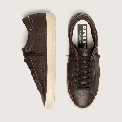 Golden Goose Super-Star Sneaker In Dark Brown Leather With Tone-On-Tone Leather Star Golden Goose Super-Star Sneaker In Dark Brown Leather With Tone-On-Tone Leather Star