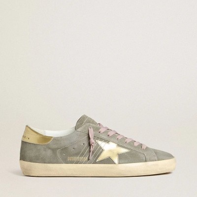 Golden Goose Super-Star Sneaker In Gray Suede With Gold Metallic Leather Star And Heel Tab Golden Goose Super-Star Sneaker In Gray Suede With Gold Metallic Leather Star And Heel Tab