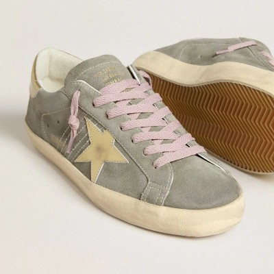 Golden Goose Super-Star Sneaker In Gray Suede With Gold Metallic Leather Star And Heel Tab Golden Goose Super-Star Sneaker In Gray Suede With Gold Metallic Leather Star And Heel Tab