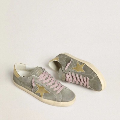 Golden Goose Super-Star Sneaker In Gray Suede With Gold Metallic Leather Star And Heel Tab Golden Goose Super-Star Sneaker In Gray Suede With Gold Metallic Leather Star And Heel Tab