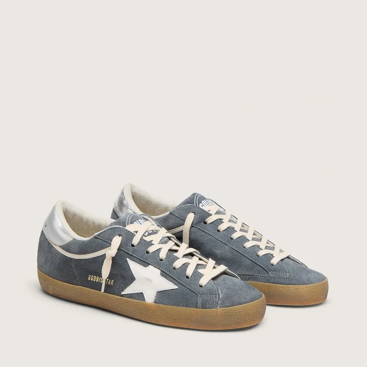 Golden Goose Super-Star Sneaker In Gray Suede With White Leather Star And Silver Leather Heel Tab Golden Goose Super-Star Sneaker In Gray Suede With White Leather Star And Silver Leather Heel Tab