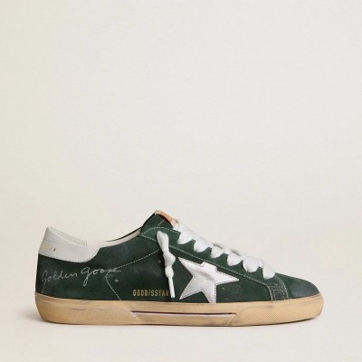 Golden Goose Super-Star Sneaker In Green Suede With Silver Metallic Leather Star And Leather Heel Tab Golden Goose Super-Star Sneaker In Green Suede With Silver Metallic Leather Star And Leather Heel Tab