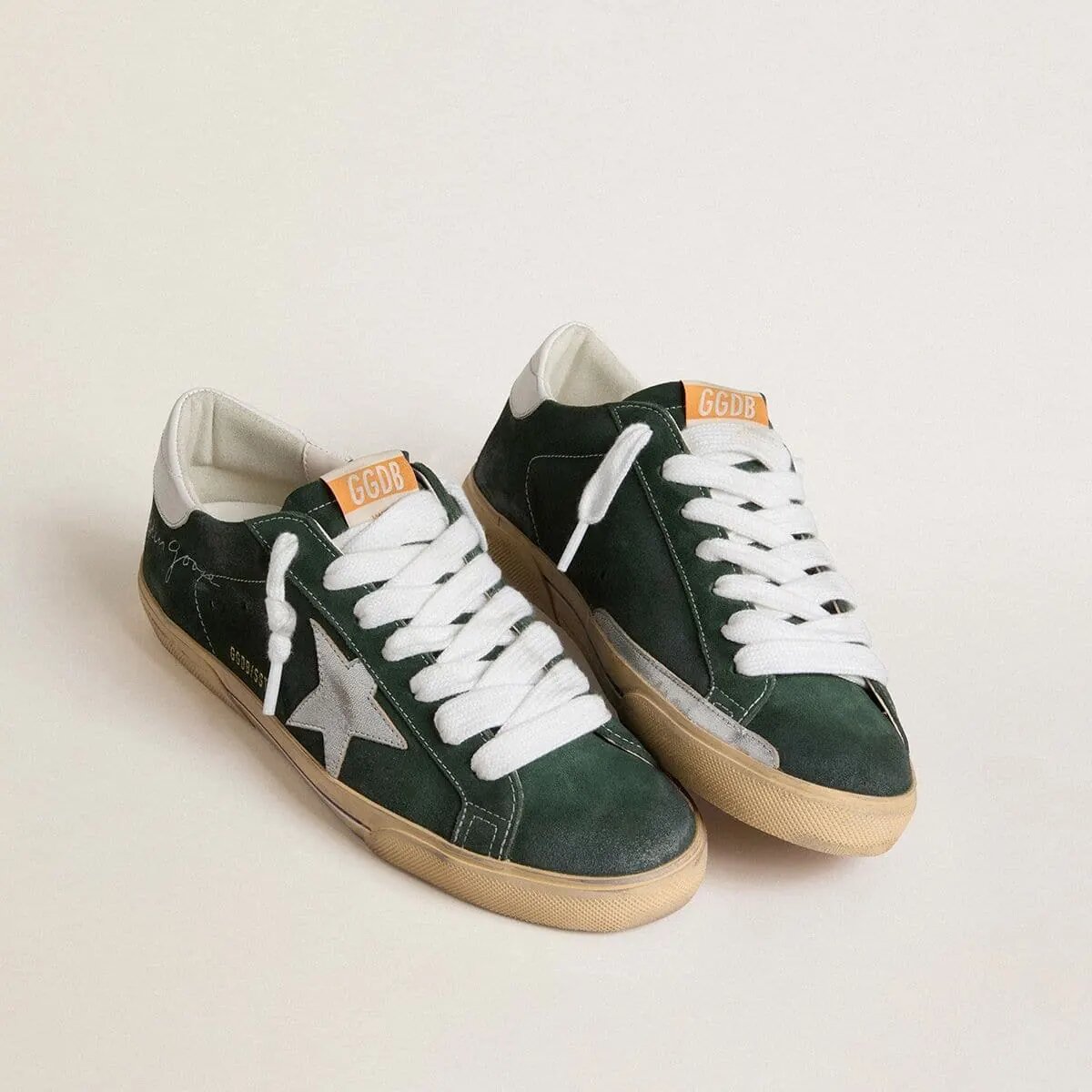 Golden Goose Super-Star Sneaker In Green Suede With Silver Metallic Leather Star And Leather Heel Tab Golden Goose Super-Star Sneaker In Green Suede With Silver Metallic Leather Star And Leather Heel Tab