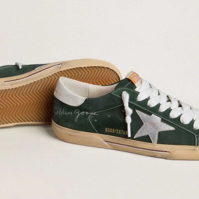 Golden Goose Super-Star Sneaker In Green Suede With Silver Metallic Leather Star And Leather Heel Tab Golden Goose Super-Star Sneaker In Green Suede With Silver Metallic Leather Star And Leather Heel Tab