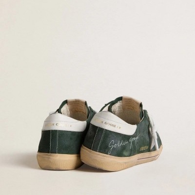 Golden Goose Super-Star Sneaker In Green Suede With Silver Metallic Leather Star And Leather Heel Tab Golden Goose Super-Star Sneaker In Green Suede With Silver Metallic Leather Star And Leather Heel Tab
