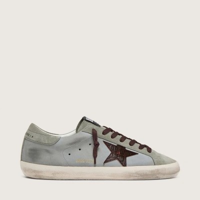 Golden Goose Super-Star Sneaker In Light Blue Leather With Burgundy Croc-Print Star Golden Goose Super-Star Sneaker In Light Blue Leather With Burgundy Croc-Print Star