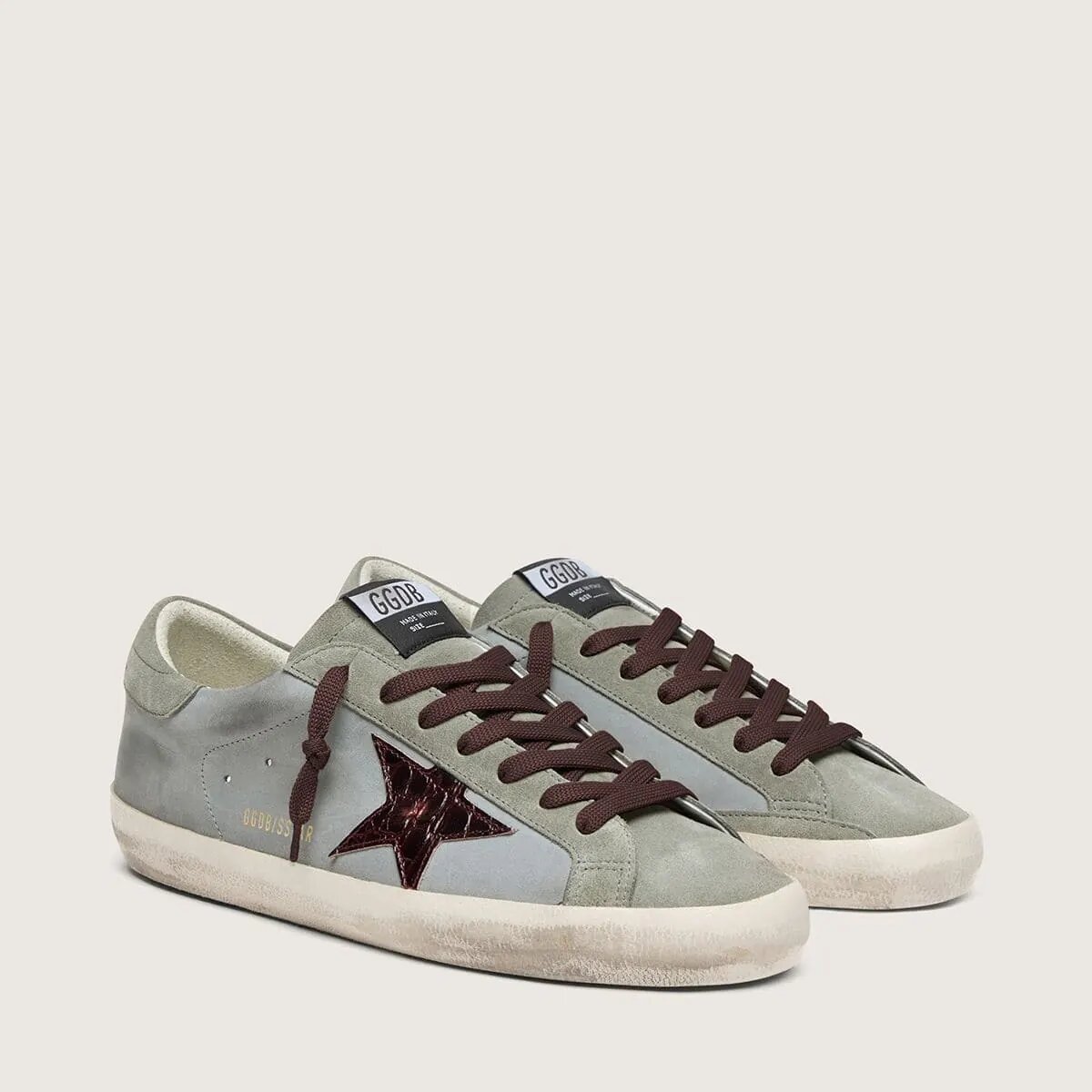 Golden Goose Super-Star Sneaker In Light Blue Leather With Burgundy Croc-Print Star Golden Goose Super-Star Sneaker In Light Blue Leather With Burgundy Croc-Print Star