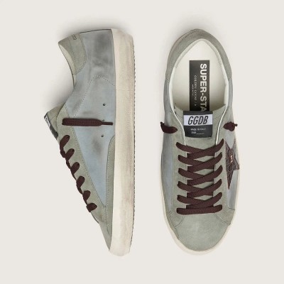 Golden Goose Super-Star Sneaker In Light Blue Leather With Burgundy Croc-Print Star Golden Goose Super-Star Sneaker In Light Blue Leather With Burgundy Croc-Print Star