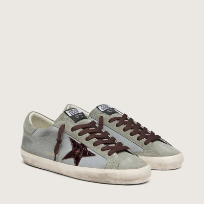 Golden Goose Super-Star Sneaker In Light Blue Leather With Burgundy Croc-Print Star Golden Goose Super-Star Sneaker In Light Blue Leather With Burgundy Croc-Print Star
