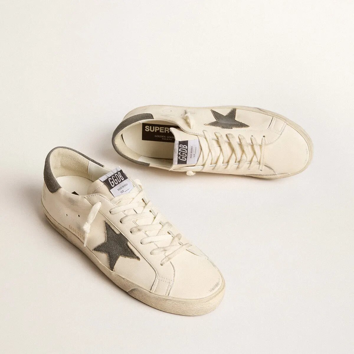 Golden Goose Super-Star Sneaker In Nappa With Gray Suede Star And Heel Tab Golden Goose Super-Star Sneaker In Nappa With Gray Suede Star And Heel Tab