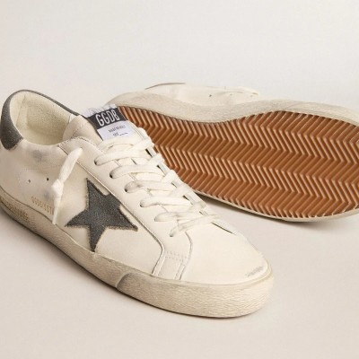 Golden Goose Super-Star Sneaker In Nappa With Gray Suede Star And Heel Tab Golden Goose Super-Star Sneaker In Nappa With Gray Suede Star And Heel Tab