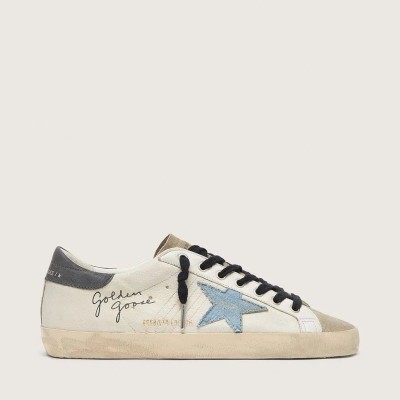 Golden Goose Super-Star Sneaker In Nappa Leather With Light Blue Suede Star And Gray Leather Heel Tab Golden Goose Super-Star Sneaker In Nappa Leather With Light Blue Suede Star And Gray Leather Heel Tab