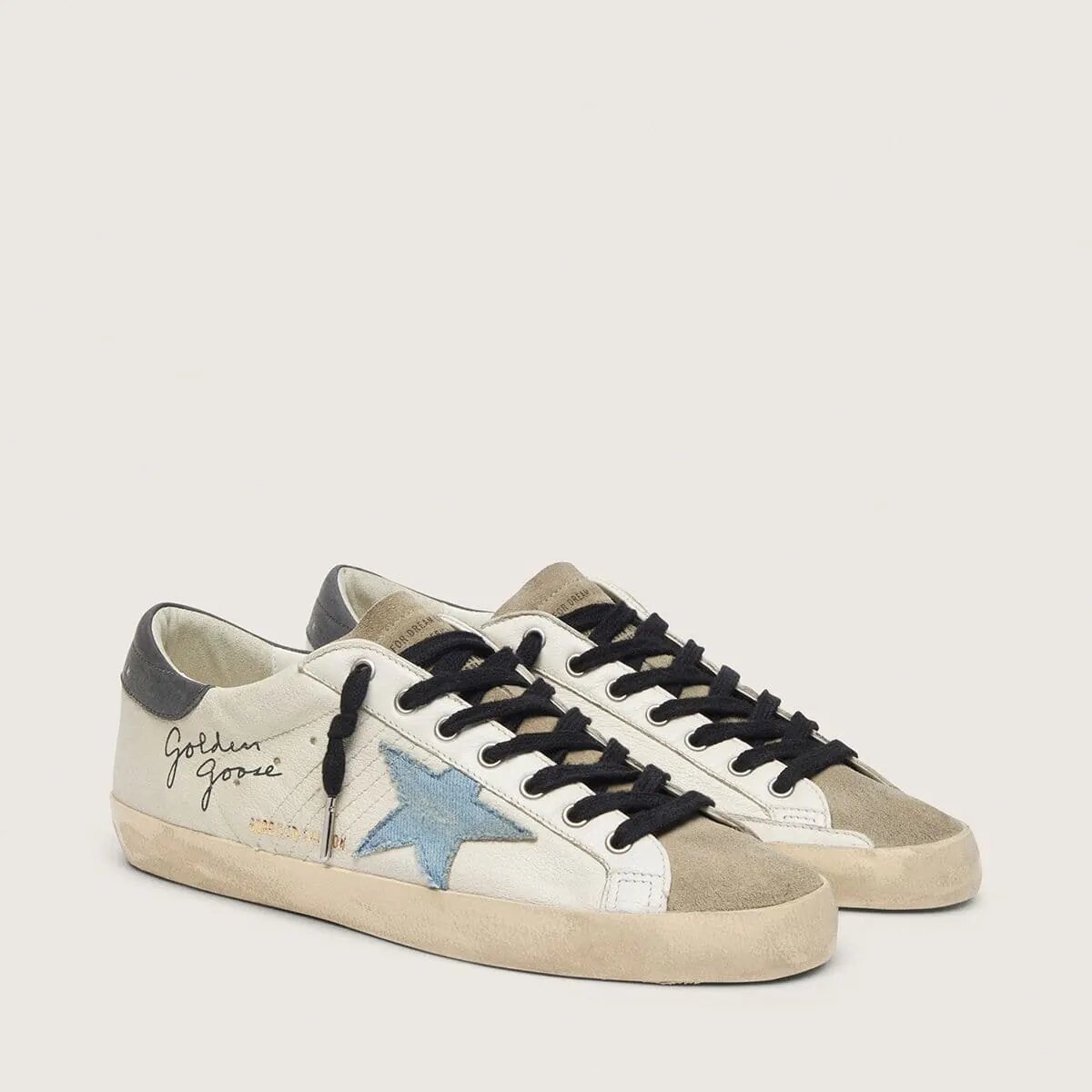 Golden Goose Super-Star Sneaker In Nappa Leather With Light Blue Suede Star And Gray Leather Heel Tab Golden Goose Super-Star Sneaker In Nappa Leather With Light Blue Suede Star And Gray Leather Heel Tab