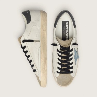 Golden Goose Super-Star Sneaker In Nappa Leather With Light Blue Suede Star And Gray Leather Heel Tab Golden Goose Super-Star Sneaker In Nappa Leather With Light Blue Suede Star And Gray Leather Heel Tab