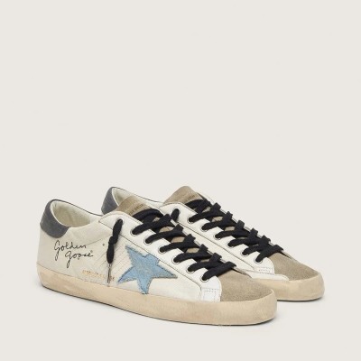 Golden Goose Super-Star Sneaker In Nappa Leather With Light Blue Suede Star And Gray Leather Heel Tab Golden Goose Super-Star Sneaker In Nappa Leather With Light Blue Suede Star And Gray Leather Heel Tab
