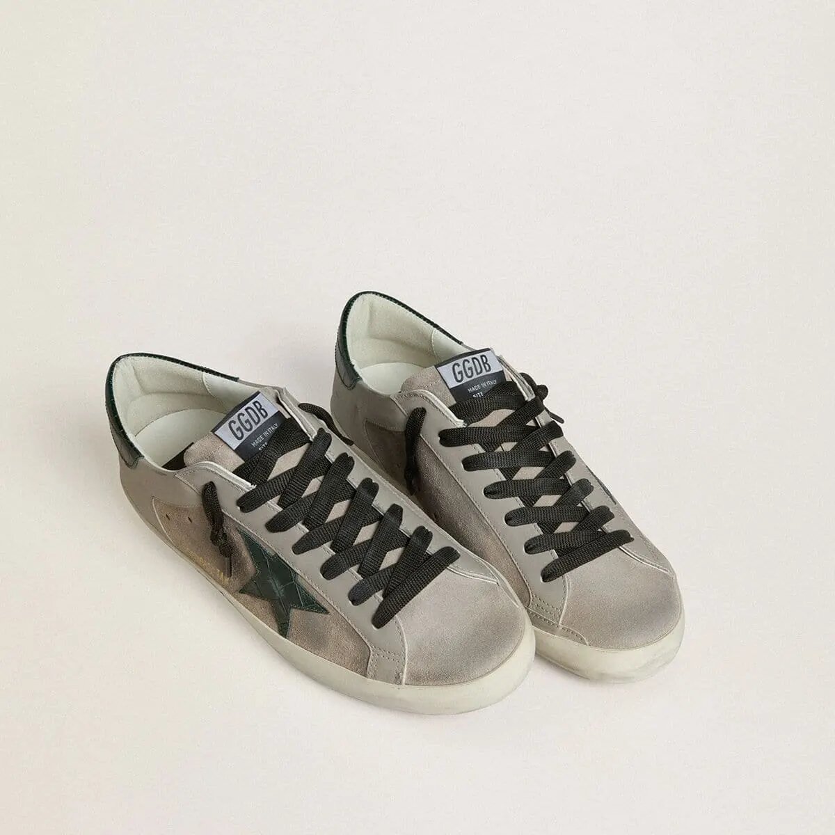 Golden Goose Super-Star Sneaker In Nappa And Suede With Green Croc-Print Leather Star Golden Goose Super-Star Sneaker In Nappa And Suede With Green Croc-Print Leather Star