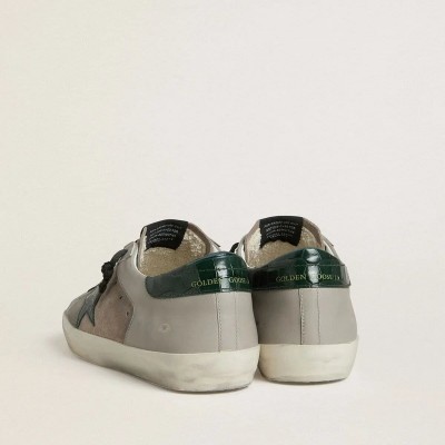 Golden Goose Super-Star Sneaker In Nappa And Suede With Green Croc-Print Leather Star Golden Goose Super-Star Sneaker In Nappa And Suede With Green Croc-Print Leather Star