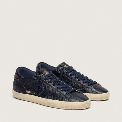 Golden Goose Super-Star Sneaker In Navy-Blue Leather With Tone-On-Tone Leather Star Golden Goose Super-Star Sneaker In Navy-Blue Leather With Tone-On-Tone Leather Star