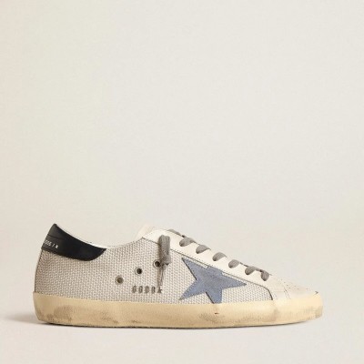Golden Goose Super-Star Sneaker In Pale Silver Mesh With Light Blue Suede Star Golden Goose Super-Star Sneaker In Pale Silver Mesh With Light Blue Suede Star