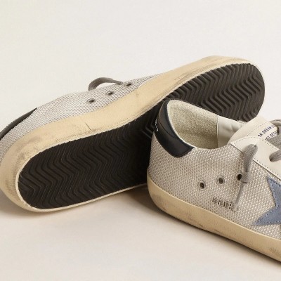 Golden Goose Super-Star Sneaker In Pale Silver Mesh With Light Blue Suede Star Golden Goose Super-Star Sneaker In Pale Silver Mesh With Light Blue Suede Star