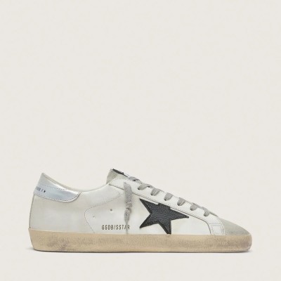 Golden Goose Super-Star Sneaker In White Leather With Black Nubuck Star And Silver Metallic Leather Heel Tab Golden Goose Super-Star Sneaker In White Leather With Black Nubuck Star And Silver Metallic Leather Heel Tab