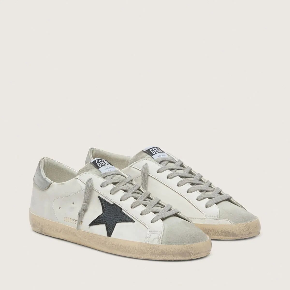 Golden Goose Super-Star Sneaker In White Leather With Black Nubuck Star And Silver Metallic Leather Heel Tab Golden Goose Super-Star Sneaker In White Leather With Black Nubuck Star And Silver Metallic Leather Heel Tab