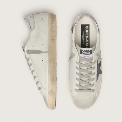Golden Goose Super-Star Sneaker In White Leather With Black Nubuck Star And Silver Metallic Leather Heel Tab Golden Goose Super-Star Sneaker In White Leather With Black Nubuck Star And Silver Metallic Leather Heel Tab