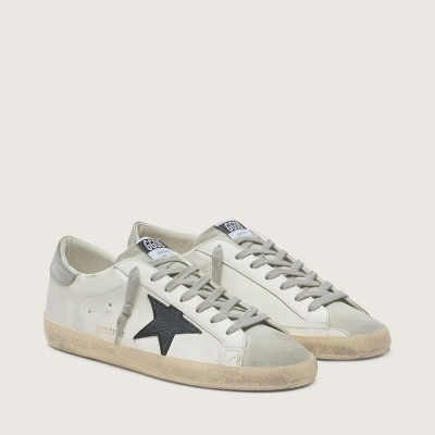 Golden Goose Super-Star Sneaker In White Leather With Black Nubuck Star And Silver Metallic Leather Heel Tab