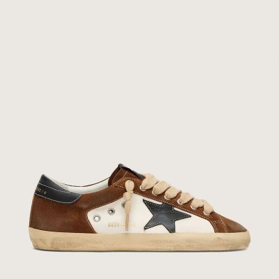 Golden Goose Super-Star Sneaker In White Leather And Brown Suede With Black Leather Star Golden Goose Super-Star Sneaker In White Leather And Brown Suede With Black Leather Star