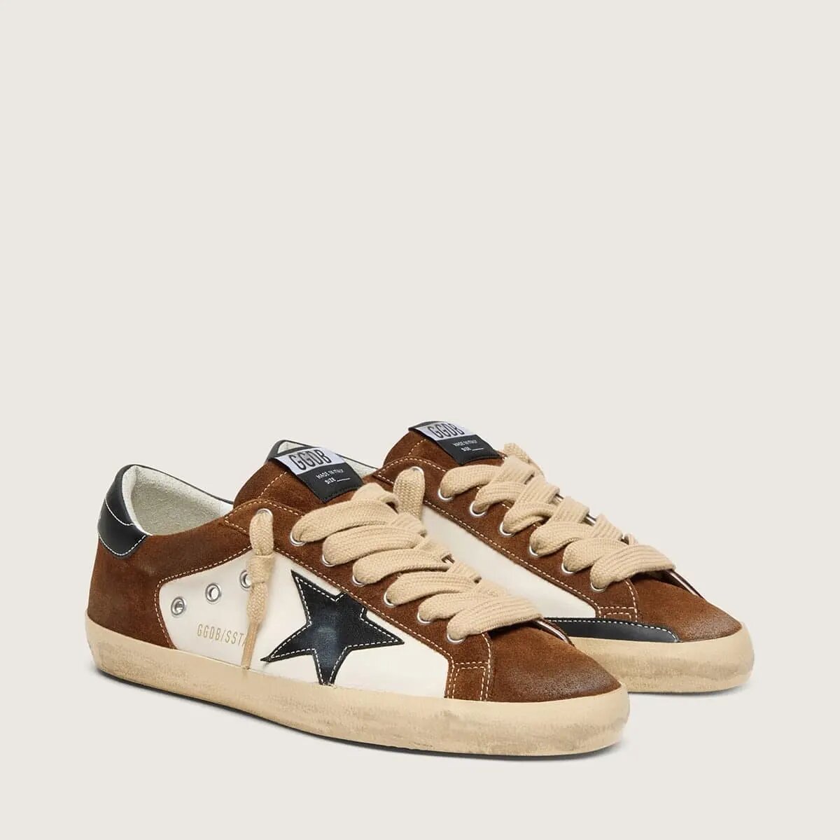 Golden Goose Super-Star Sneaker In White Leather And Brown Suede With Black Leather Star Golden Goose Super-Star Sneaker In White Leather And Brown Suede With Black Leather Star