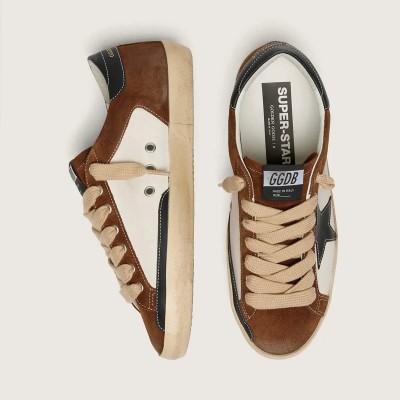 Golden Goose Super-Star Sneaker In White Leather And Brown Suede With Black Leather Star Golden Goose Super-Star Sneaker In White Leather And Brown Suede With Black Leather Star