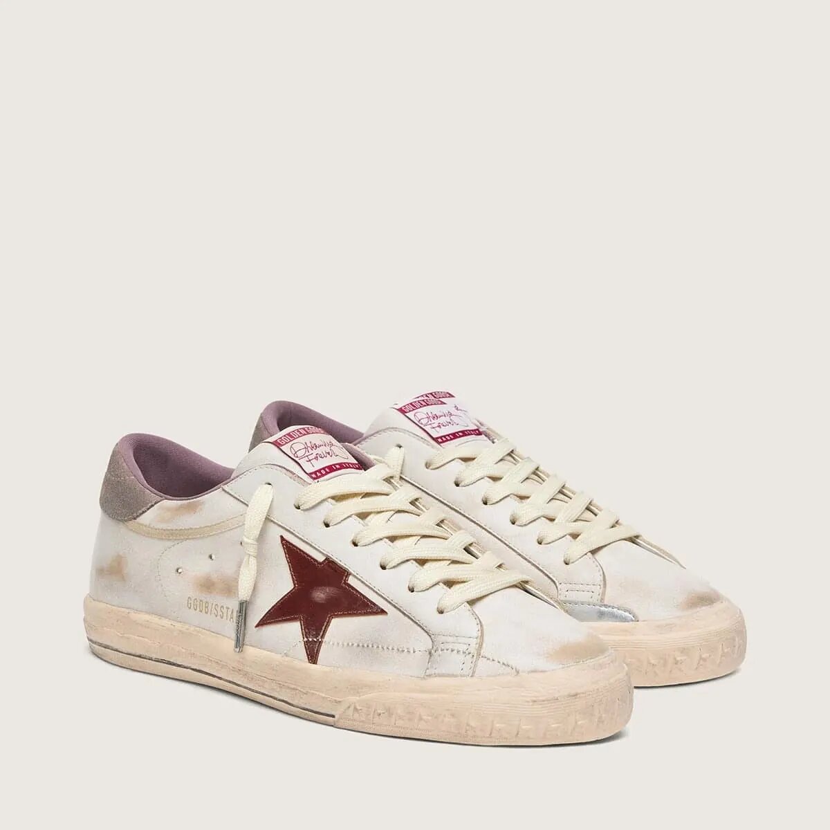 Golden Goose Super-Star Sneaker In White Leather With Burgundy Laminated Leather Star Golden Goose Super-Star Sneaker In White Leather With Burgundy Laminated Leather Star