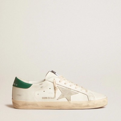 Golden Goose Super-Star Sneaker In White Leather With Ice-Gray Suede Star And Green Leather Heel Tab Golden Goose Super-Star Sneaker In White Leather With Ice-Gray Suede Star And Green Leather Heel Tab