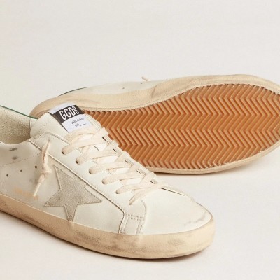 Golden Goose Super-Star Sneaker In White Leather With Ice-Gray Suede Star And Green Leather Heel Tab Golden Goose Super-Star Sneaker In White Leather With Ice-Gray Suede Star And Green Leather Heel Tab