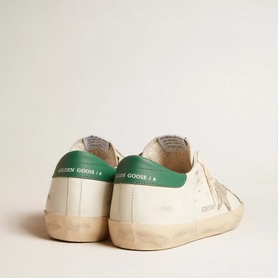 Golden Goose Super-Star Sneaker In White Leather With Ice-Gray Suede Star And Green Leather Heel Tab Golden Goose Super-Star Sneaker In White Leather With Ice-Gray Suede Star And Green Leather Heel Tab