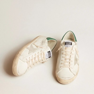 Golden Goose Super-Star Sneaker In White Leather With Ice-Gray Suede Star And Green Leather Heel Tab Golden Goose Super-Star Sneaker In White Leather With Ice-Gray Suede Star And Green Leather Heel Tab
