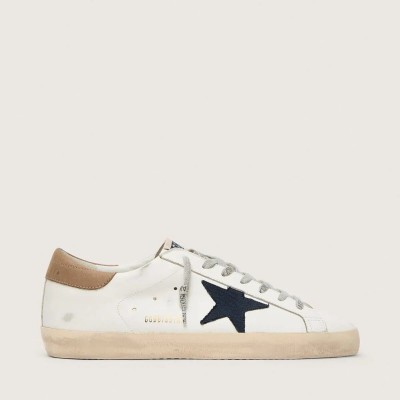 Golden Goose Super-Star Sneaker In White Leather With Midnight-Blue Canvas Star And Tobacco Leather Heel Tab Golden Goose Super-Star Sneaker In White Leather With Midnight-Blue Canvas Star And Tobacco Leather Heel Tab