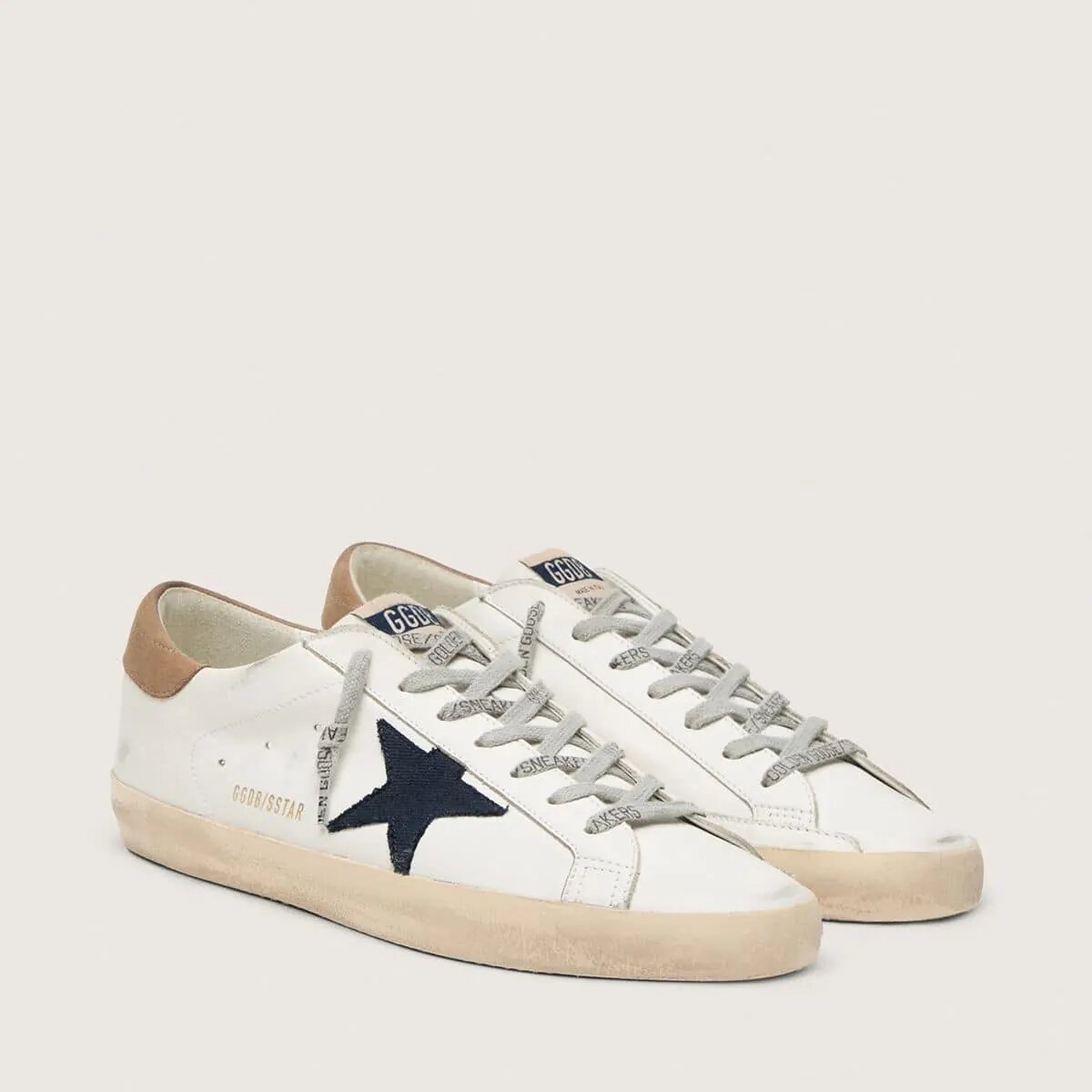 Golden Goose Super-Star Sneaker In White Leather With Midnight-Blue Canvas Star And Tobacco Leather Heel Tab Golden Goose Super-Star Sneaker In White Leather With Midnight-Blue Canvas Star And Tobacco Leather Heel Tab
