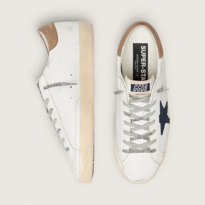Golden Goose Super-Star Sneaker In White Leather With Midnight-Blue Canvas Star And Tobacco Leather Heel Tab Golden Goose Super-Star Sneaker In White Leather With Midnight-Blue Canvas Star And Tobacco Leather Heel Tab