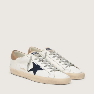 Golden Goose Super-Star Sneaker In White Leather With Midnight-Blue Canvas Star And Tobacco Leather Heel Tab Golden Goose Super-Star Sneaker In White Leather With Midnight-Blue Canvas Star And Tobacco Leather Heel Tab
