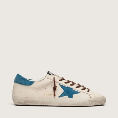 Golden Goose Super-Star Sneaker In White Leather With Turquoise Suede Star