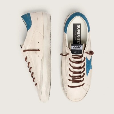 Golden Goose Super-Star Sneaker In White Leather With Turquoise Suede Star
