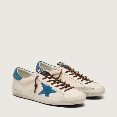 Golden Goose Super-Star Sneaker In White Leather With Turquoise Suede Star Golden Goose Super-Star Sneaker In White Leather With Turquoise Suede Star