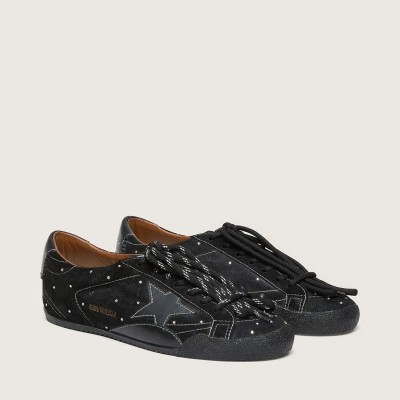 Golden Goose True-Star Sneaker In Black Suede With Swarovski Crystals And Black Leather Star