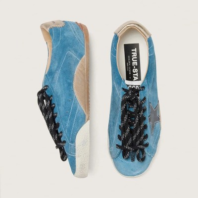 Golden Goose True-Star Sneaker In Teal Suede With Black Star And Cream Heel Tab Golden Goose True-Star Sneaker In Teal Suede With Black Star And Cream Heel Tab